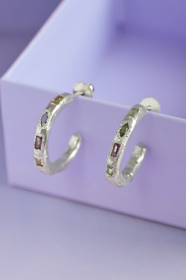 Cleo Tourmaline, Garnet, Peridot Silver Hoops 792 - 1