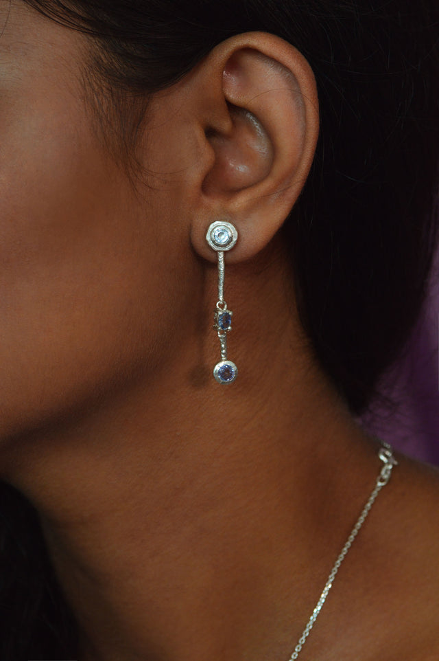 Trapeze Blue Topaz & Sapphire Silver Earrings 598-02
