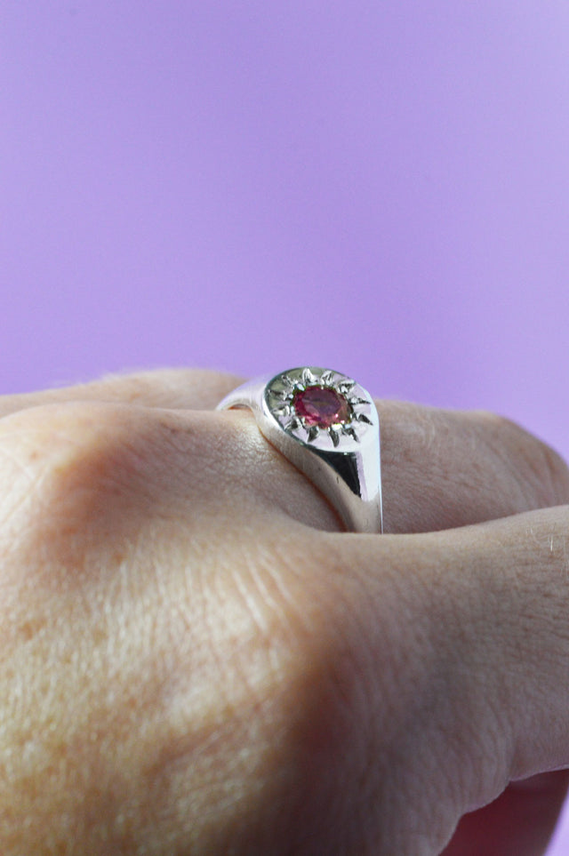 Daisy Rhodolite Garnet Signet Silver Ring